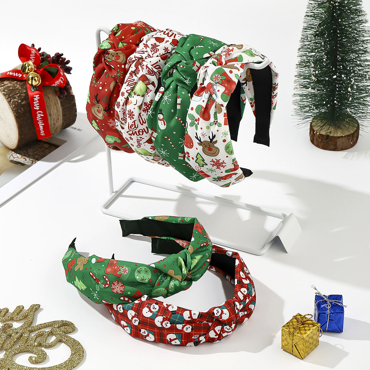 Wholesale fabric knotted green and red striped plaid wide headband